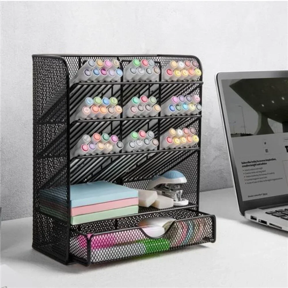 Metal Pen‎ Organizer with Drawer: Black Desk Organizer for School & Home